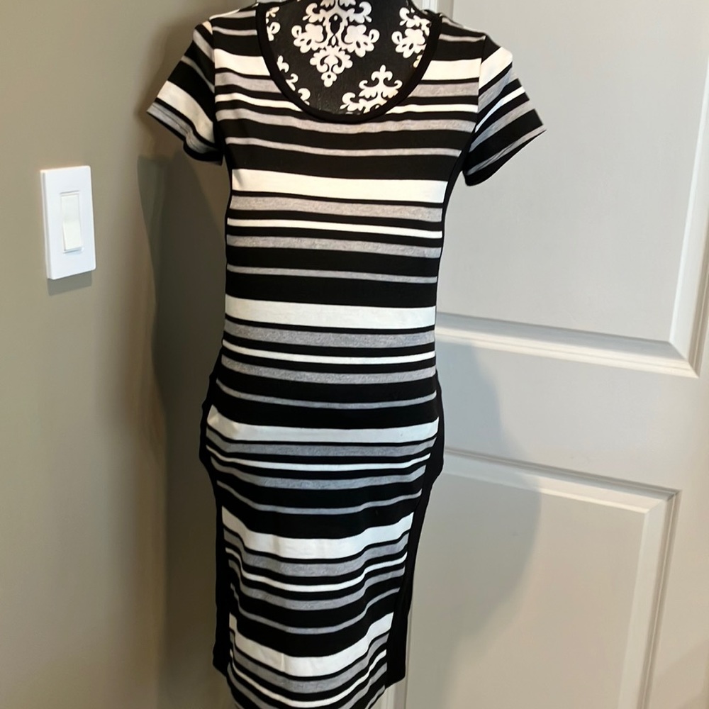 Black and white and grey striped maternity dress in size small with rounded neck